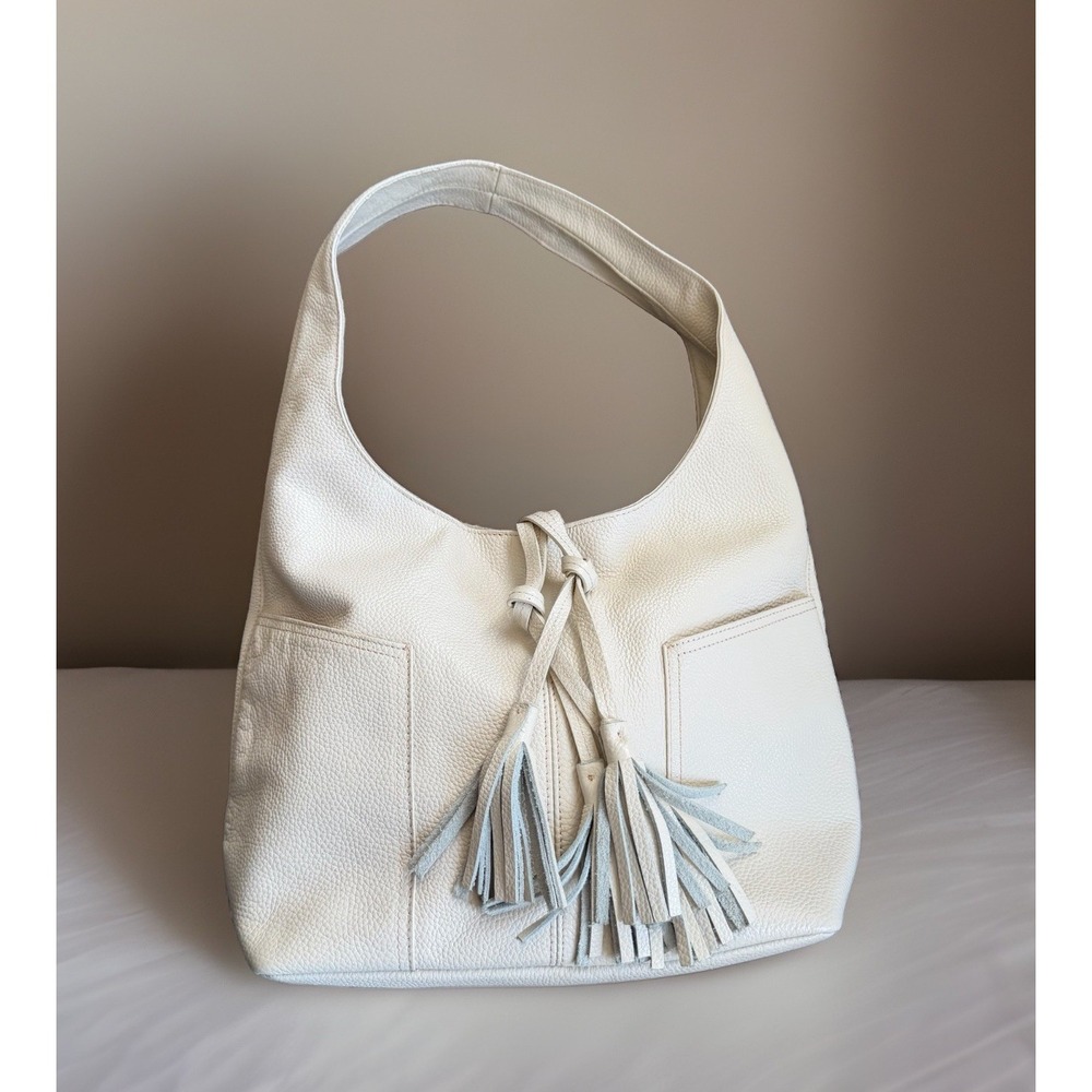 LAGGO Purse Women's Cream Pebbled Leather Hobo Shoulder Bag Tassels